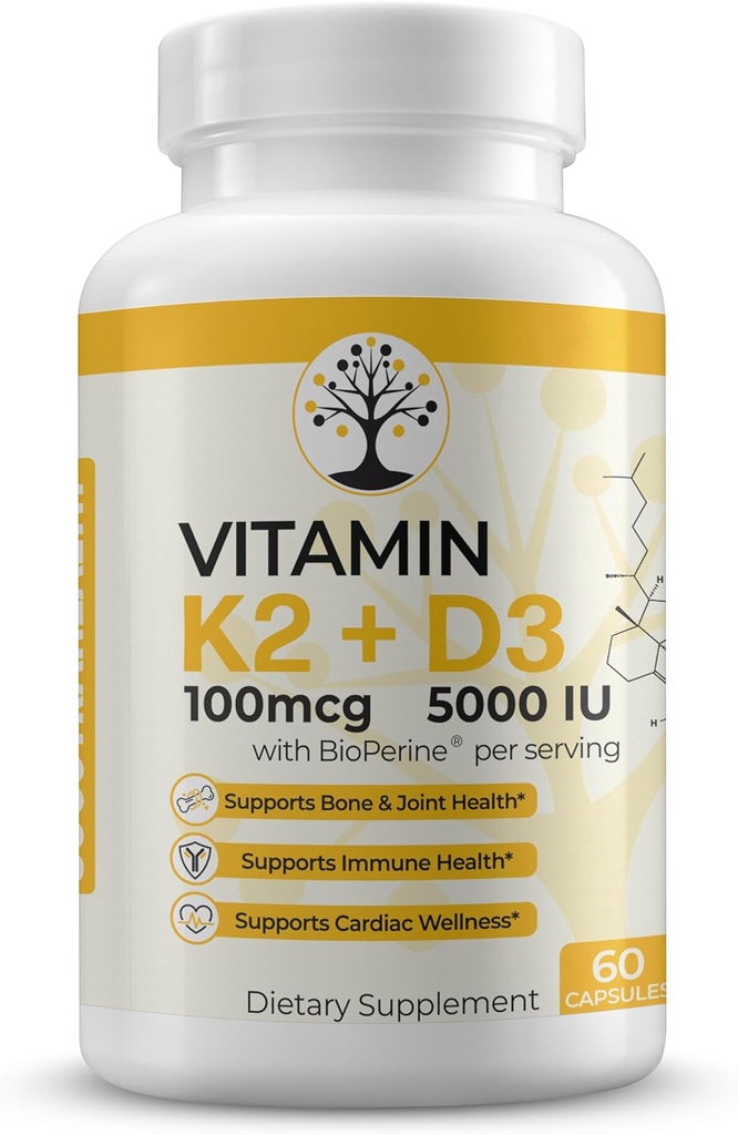 Vitamin D3 K2 Supplement, 5000 IU - Unterstützt Immun- und Herz-Wellness, Hohe Potenz, Glutenfrei, 60 Kapseln