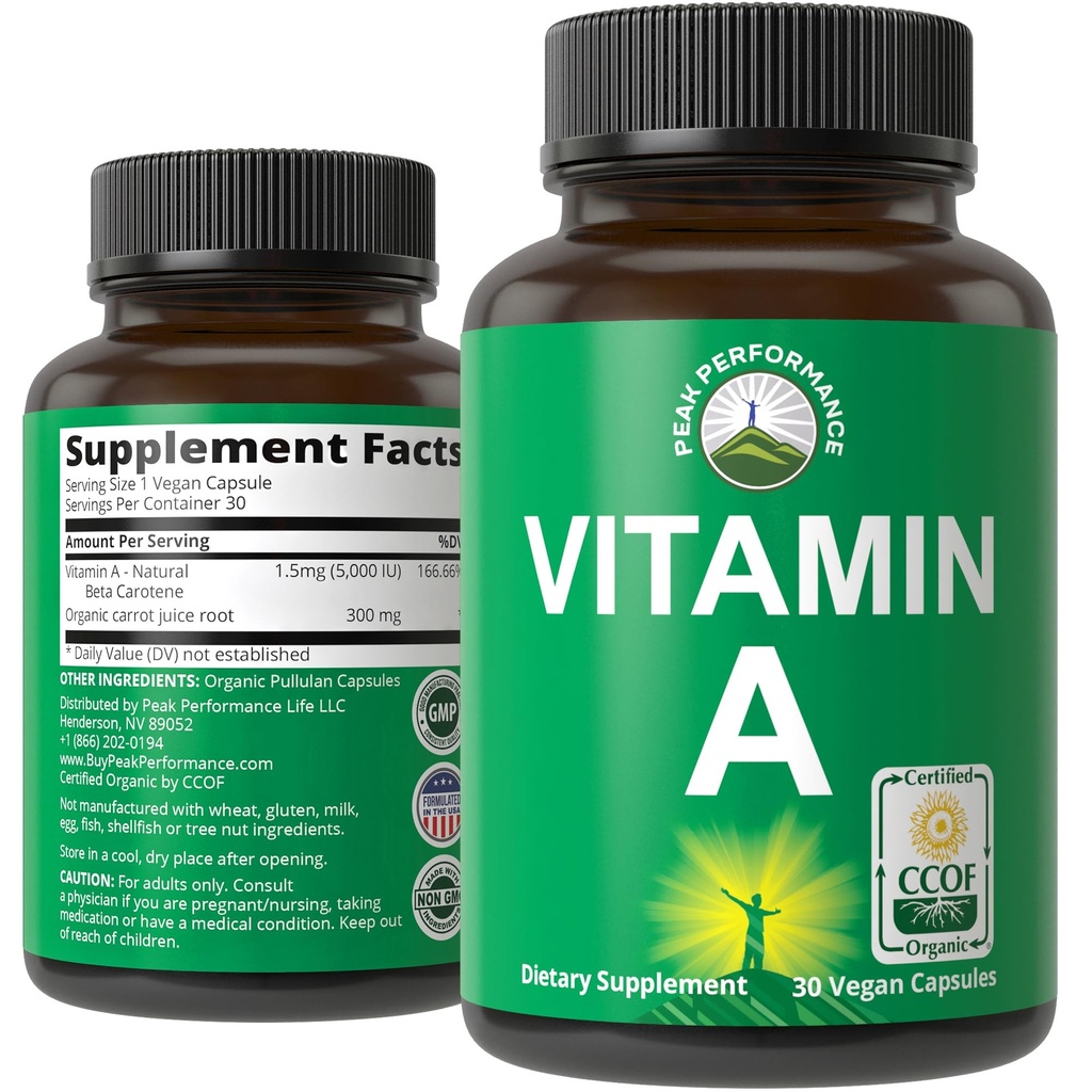 Capsules de supplément certifié Vitamine biologique A 5000 UI Vitamines haute puissance. pour adultes, hommes, femmes, enfants. Fabriqué avec du jus de carotte biologique. Idéal pour Immune, Peau, Eye Support. Non OGM, pilules véganes