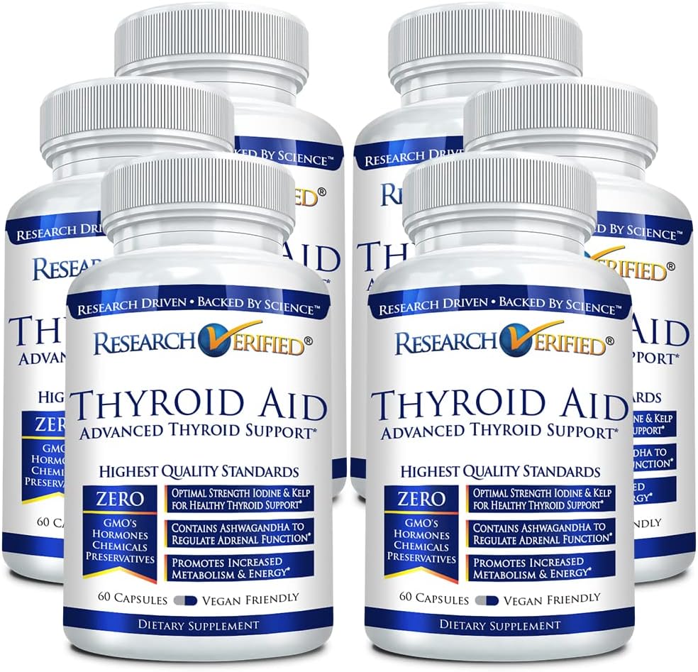 Ricerca Verified® Thyroid Aid - Funzione tiroidee ottimale con iodio, rame e zinco - 260 mcg Selenio - 100% puro - Vegan Friendly - 60 capsule per bottiglia - 6 bottiglie