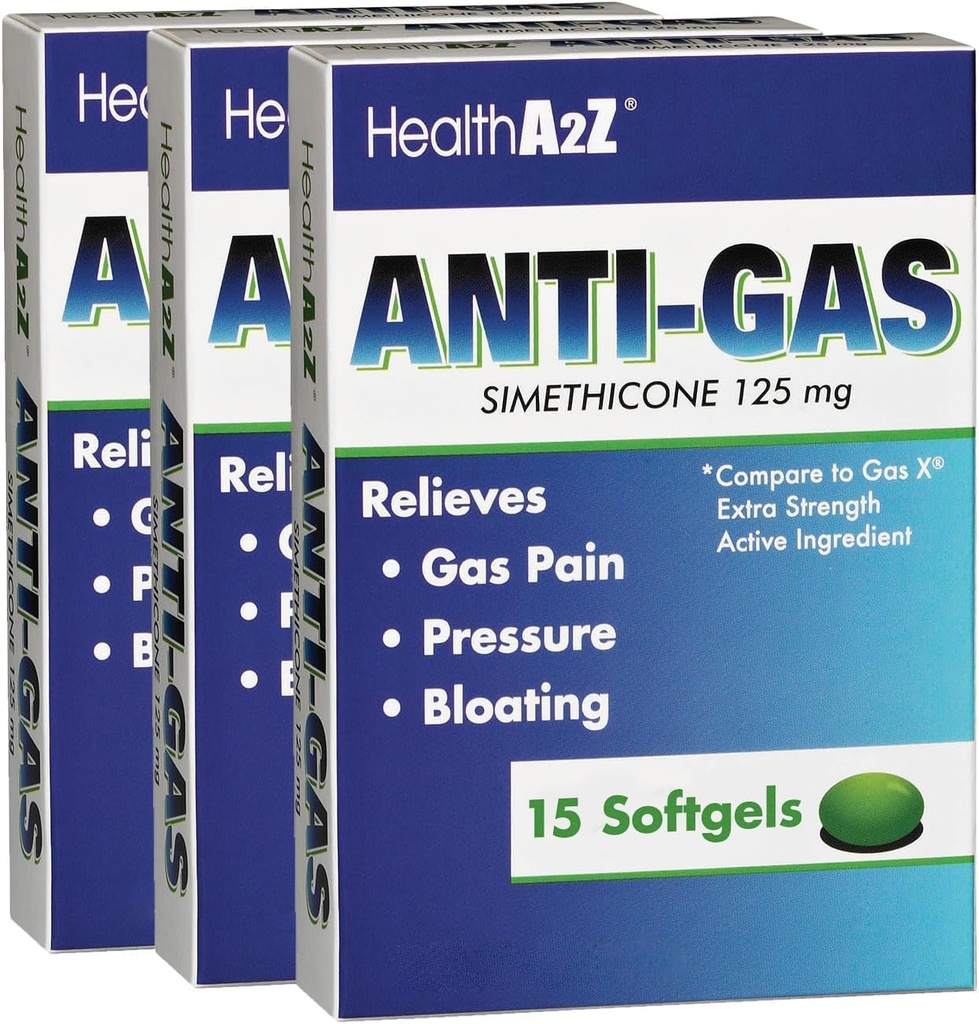 HealthA2Z® Gas Relief Simethicone | 125mg | Relieves from Stomach Discomfort and Gas | Anti Flatulence | Relieves Gas Fast and Bloating (15 Conti (Pack of 3))