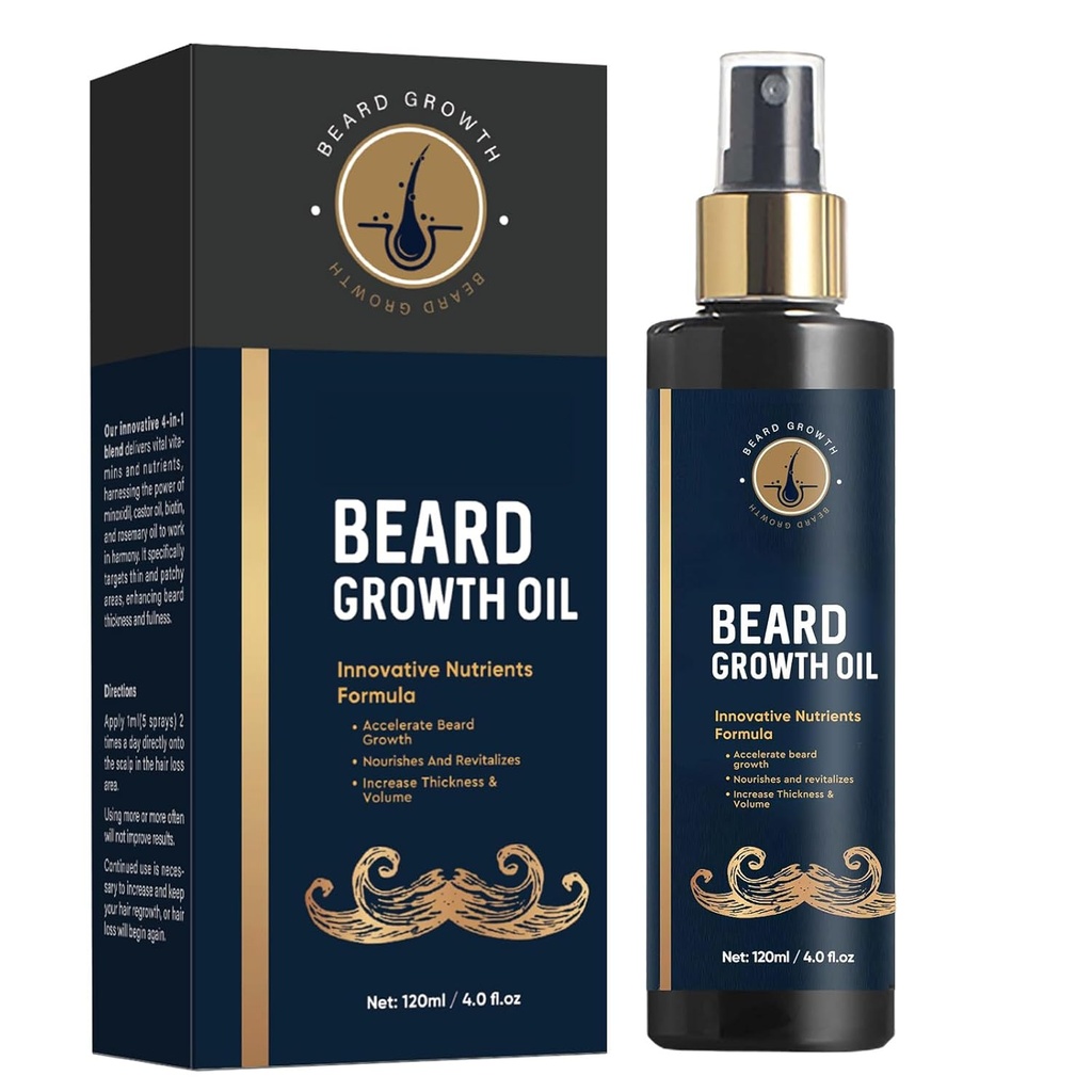 Olio di barba per gli uomini, 5% Olio di crescita del cuscinetto per il Thicker e Cuscinetto più pieno, Promuovi la crescita dei capelli facciali, con Biotin, Rosemary e Olio di orso di ricino per la crescita degli uomini, 4 Fl Oz