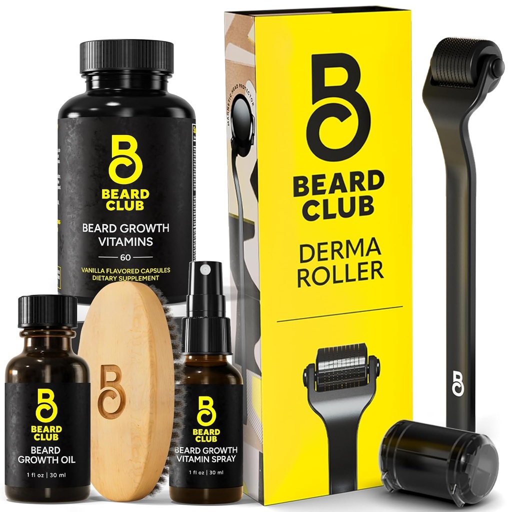 The Beard Club Derma Roller & Essential Beard Kit - Bart Roller, Bartöl, Bartspray, Bart Vitamine
