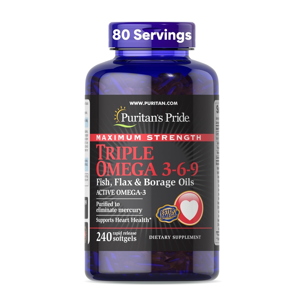 Puritan's Pride Premium Maximum Strength Triple Active Omega 3-6-9 Fisch, Flax und Borage Öle, Nahrungsergänzung für Herz, Gelenk und Cellular Health Support, 240 Rapid Release Softgels