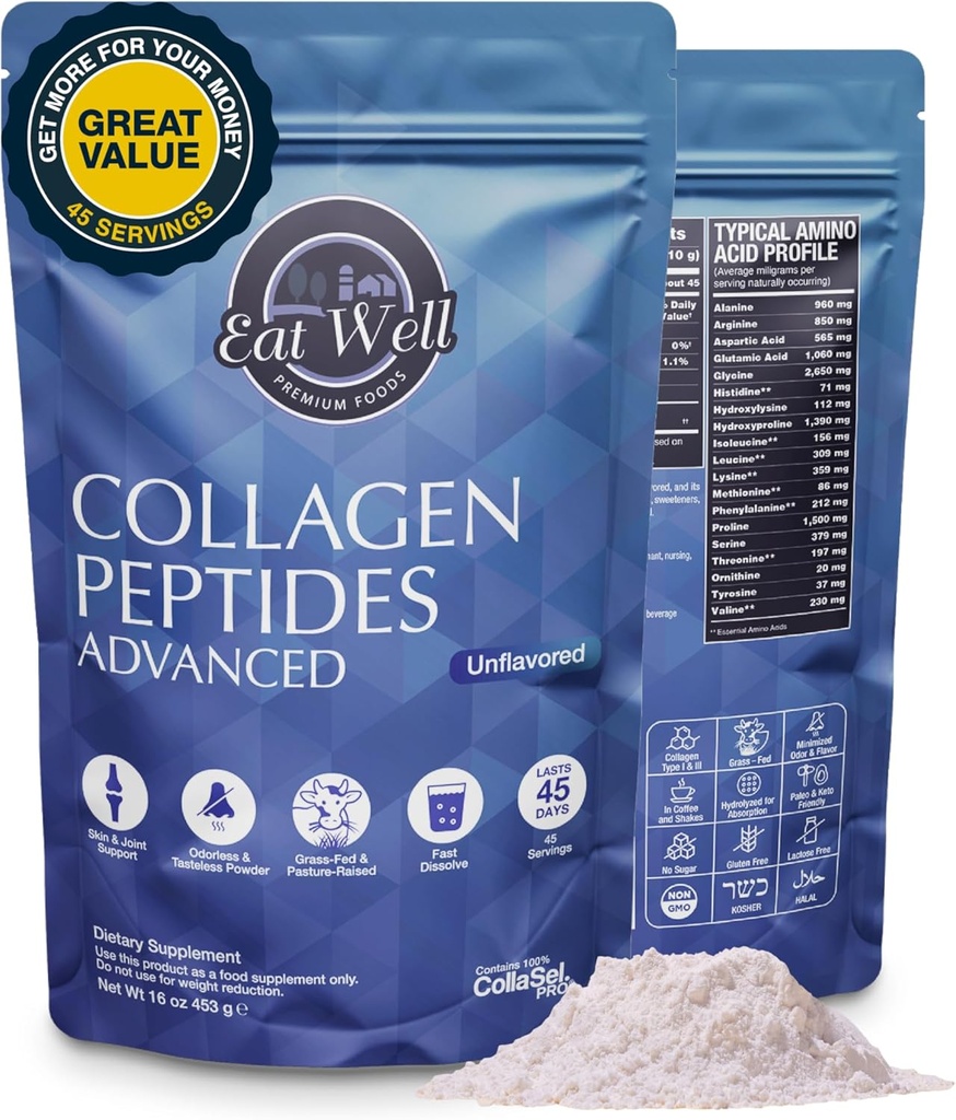 EAT WELL PREMIUM FOODS Collagen Peptides Powder Protein 45 Servierungen, 16oz, Kollagen für Haut, Knochen und Gelenkunterstützung, Typ I & III Gras Fed Collagen Supplements für Frauen und Männer, Keto, Aminosäuren