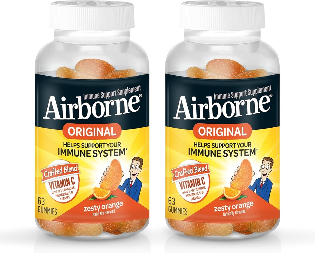 Airborne 750mg Vitamin C Immununterstützungsergänzung für Erwachsene, Zesty Orange Flavor, Glutenfreie Crafted Blend mit leistungsstarken Antioxidantien Vitamine A C & E, 63 Gummi (2 Pack)