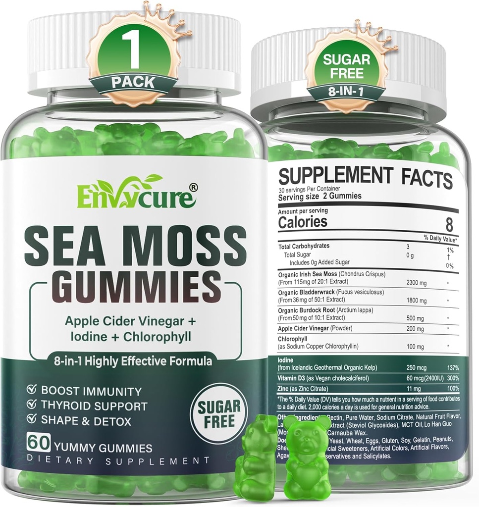 1Pack Sea Moss Gummies Zucchero-Free, Extra Forza Irish Moss Gel Supplement con Iodio, Clorofilla, Non filtrato ACV, D3, Burdock Root, Bladderwrack per Immune, Digestivo, Pelle, Capelli, Detư️x, Vegan
