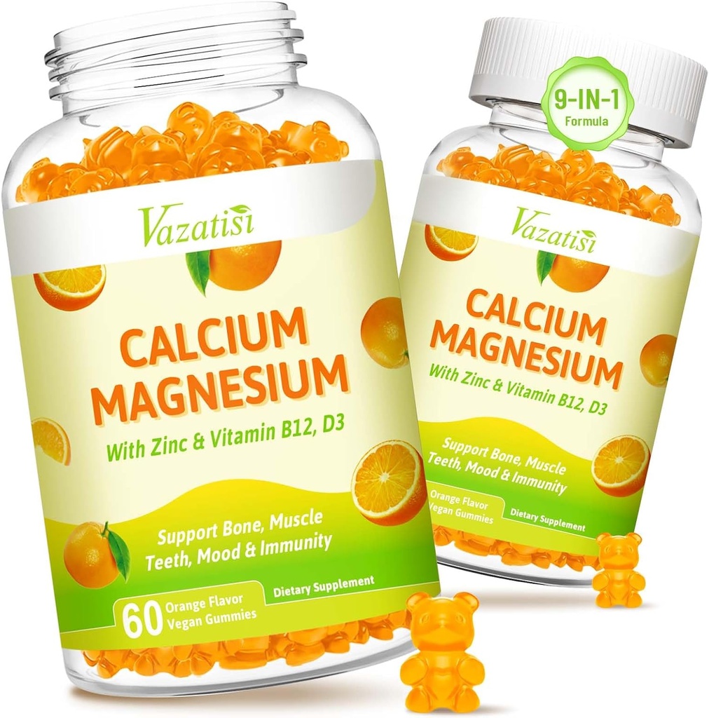 Gommies de zinc de magnésium de calcium avec vitamine D3 et K2, potassium de glycinate de magnésium d'absorption élevée pour l'humeur immune et calme, parfum orange végétalien 120 Gommies