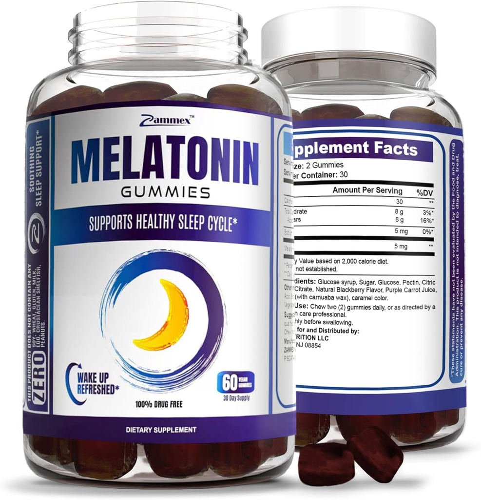Zammex Melatonin Gummies 5mg=60 Count=60 Supplément de sommeil pour adulte=Drug Free Sleep Aid Gummy=" Natural Berry Flavor=" Vegan, non-OGM, sans gluten