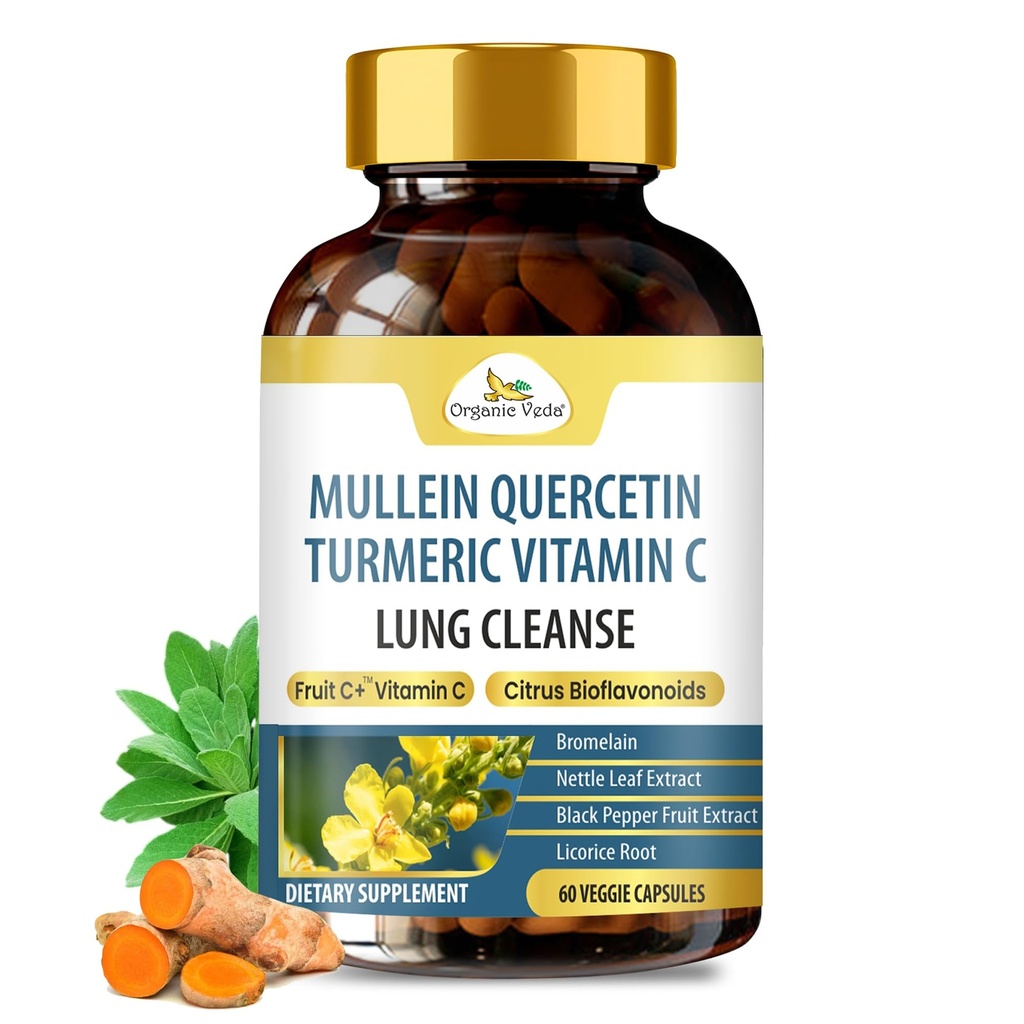 Organic Veda Mullein Turmeric Quercetin Lung Cleanse Capsule - Bioflavonoidi potenti, Superfruits Vitamin C, Bromelain, Mullein Leaf Extract - Bronchial & Clear Lungs Supplement - 60 Vegan Pills