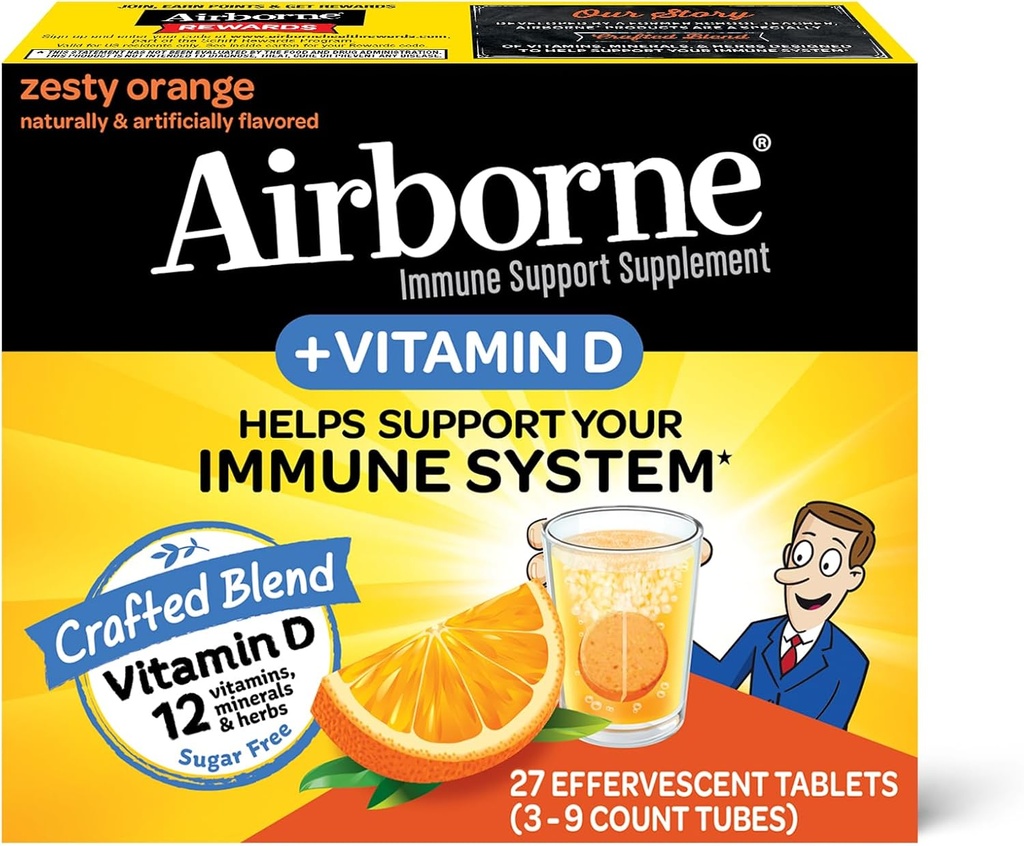 Airborne 750mg Vitamine C avec comprimés effervescents de zinc, supplément de soutien immunitaire avec des antioxydants puissants Vitamines A C D3 & E - 27 comprimés de boisson gazeuse, saveur orange zeste