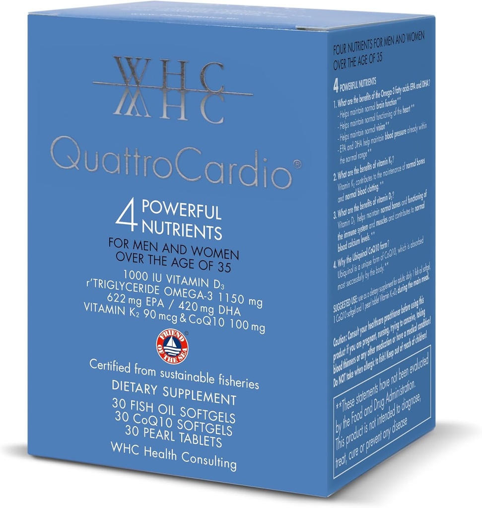 WHC QuattroCardio Omega-3 1200 mg, Vitamina D3 1000 IU, EPA 600 mg, DHA 495 mg, Vitamina K2 90 mcg, CoQ10 100 mg, Arancio naturale, 30 Fish Oil Softgels, 30 CoQ10 Softgels & 30 Perle Tablets Vitamin K2+D3