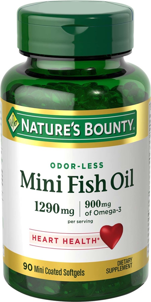 Nature's Bounty Mini Fish Oil Softgels, Burpless Fish Oil Omega 3 Supplements, Supports Heart Health, 90 Softgels (Pack of 1)