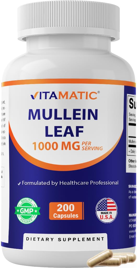 Vitamatic Mullein Leaf 1000mg pro Servierung - Unterstützt gesunde Atmungsaktivität, Bronchial & Immunfunktion - 200 Kapseln