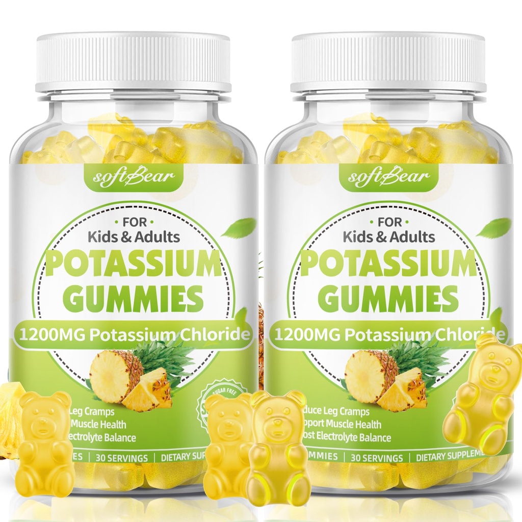 softbear Kalium Chloride Gummi 1200mg, Sugar-Free Kalium Gummi für Erwachsene unterstützen Leg Kramps High Potency Kalium Chloride Supplement, Ananas Flavor 120 Count