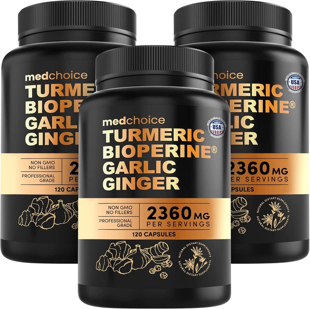 4-in-1-Turm- und Knoblauch-Ergänzungen mit BioPerine – 2360mg Turmeric Ginger Root Capsules mit Knoblauch – High Potency Herbal Blend (120 ct, Pack of 3)