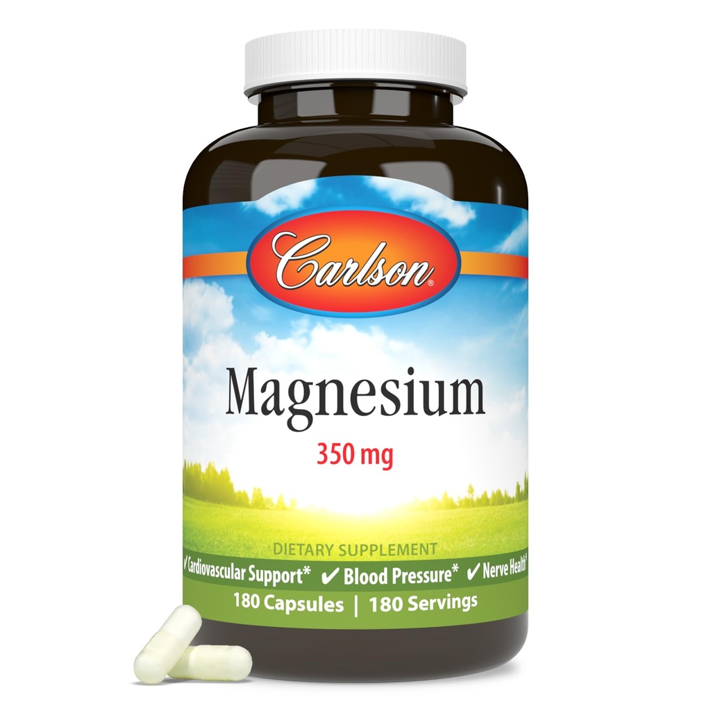 Carlson - Magnesio, 350 mg, Supporto cardiovascolare, Funzione muscolare & Nerve Health, 180 capsule