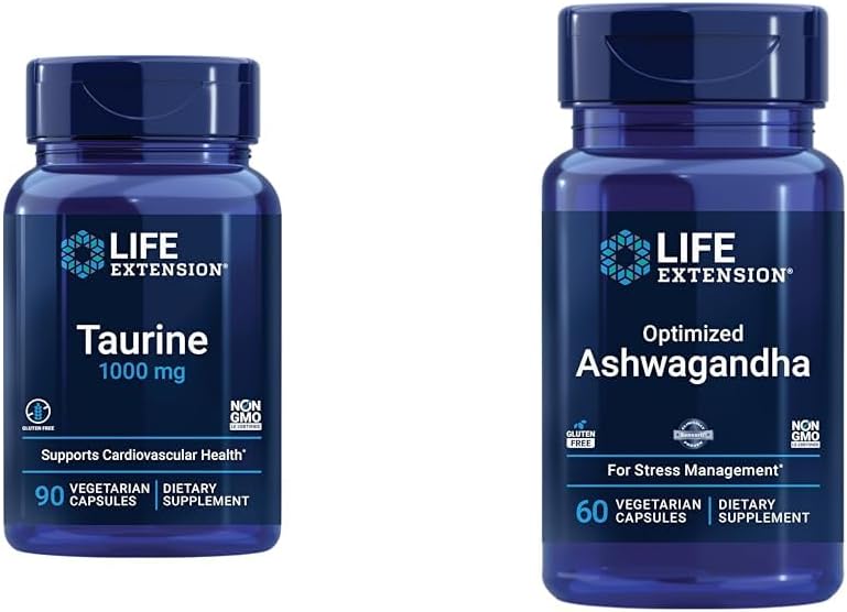 Lebensverlängerung Taurine 1000mg und Ashwagandha 60 Kapseln - Gehirn, Herz, Leber Gesundheit und Stress Management Supplement Bundle