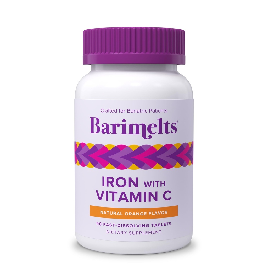 Barimelts Eisen mit Vitamin C, 90 schnell auflösende Tabletten (1-Monats-Versorgung), zuckerfreies bariatrisches Eisenpräparat für Frauen, natürlicher Orangengeschmack