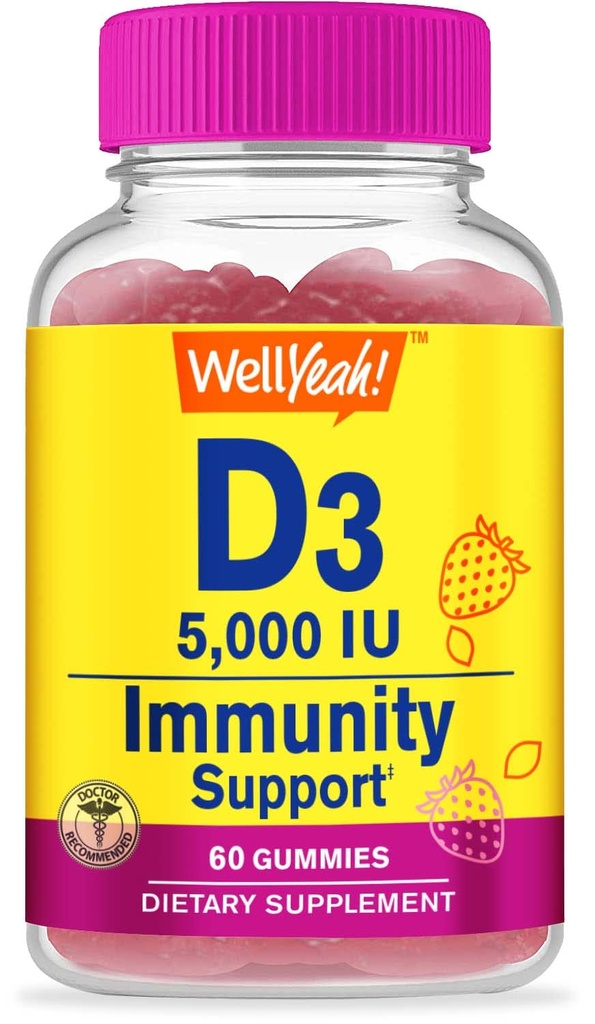 WellJa Vitamin D3 5000 IU (125 mcg) Extra Strenght Gummies -für Knochen Gesundheit, Immun Booster, Knochen und Zähne Unterstützung -Nicht GMO, Glutenfrei, Nußfrei, Vegetarisch -Strawberry Flavor -60 Gummies
