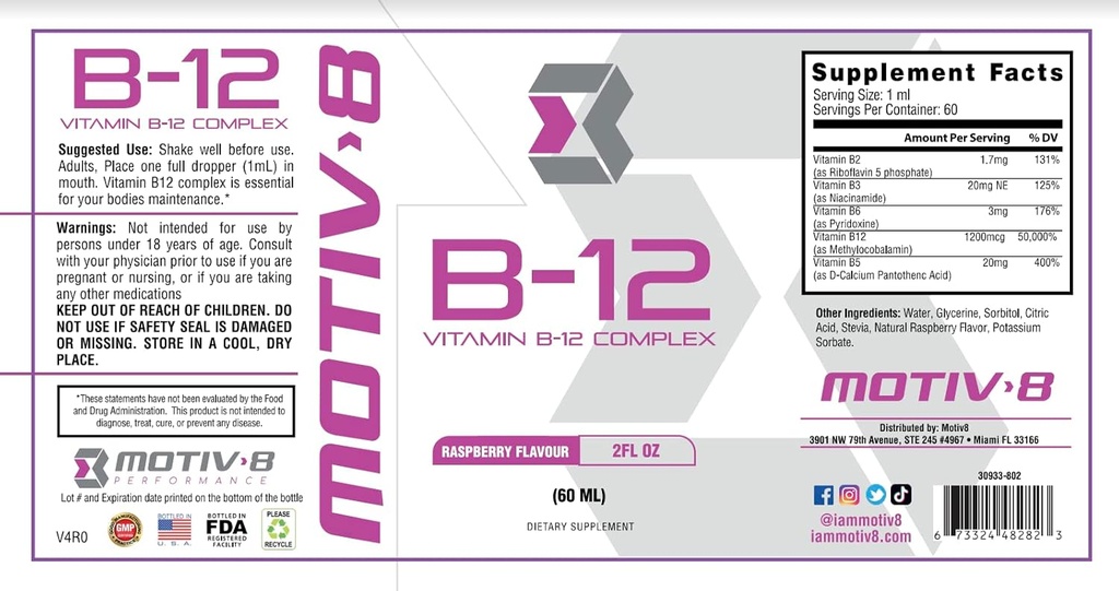 Motiv-8 Essentiels Vitamine B-12 gouttes, sublingual, facile à prendre supplément liquide, soutient la santé des yeux, énergie cérébrale, système nerveux, cognition et mémoire (60 portions, framboise)