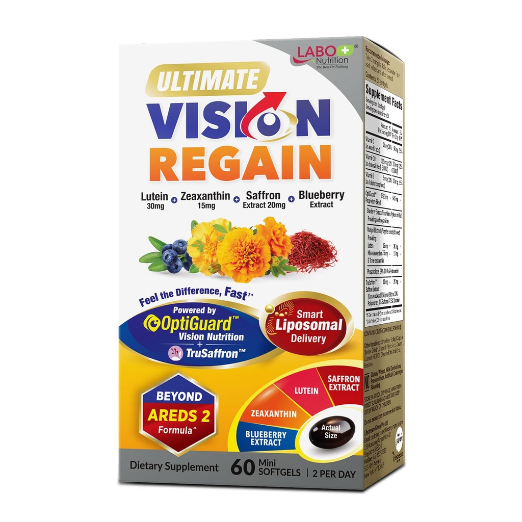 LABO Nutrition Ultimate VisionREGAIN, Vitamine Eye Beyond AREDS 2 Formula with Lutein, Zeaxanthin, Extrait de safran, Blueberry for Macular and Retinal Health, Fatigue Eye, Soutien de vision nocturne 60 comtes