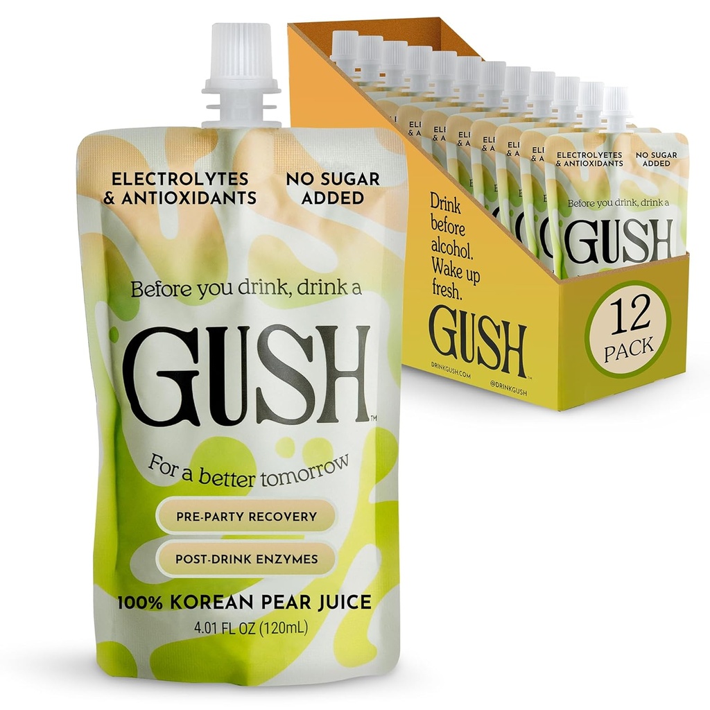 GUSH Pre-Drink Korean Pear Drink - (12 Pack) Pear Hydration Pouch mit Enzyme Activation - Verhindern Sie Getränke-Nachwirkungen - All Natural, Gluten-Free