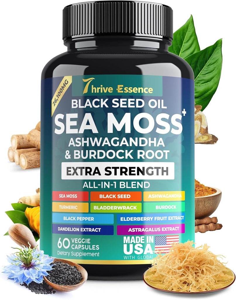 Meer Moss Extrakt, Schwarzes Seedöl, Ashwagandha, Turmeric & More – 10-in-1 Kräuterergänzung mit schwarzem Pfeffer & Elderberry – 60 Kapseln
