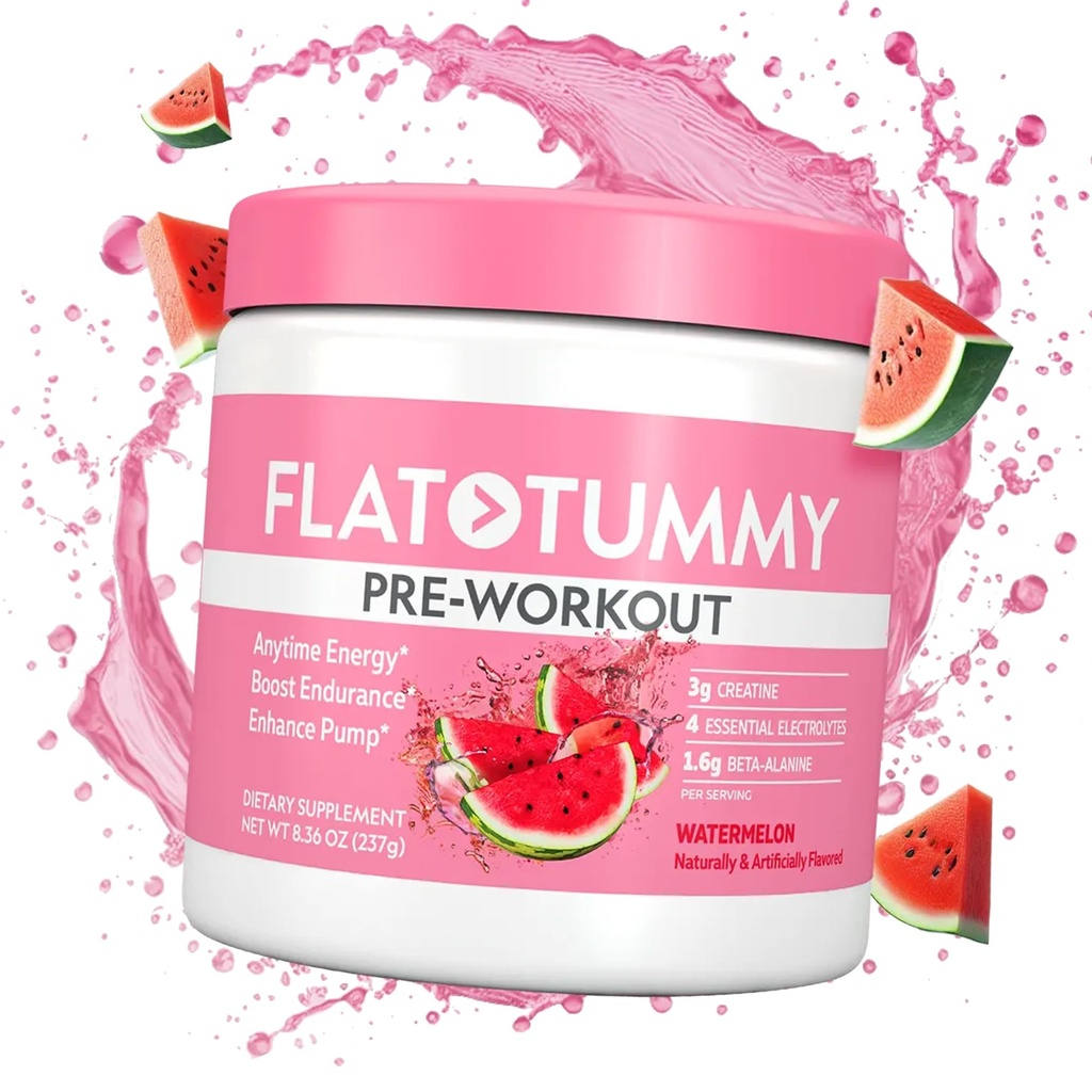 Flaches Tummy Pre Workout Pulver für Frauen – Energie, Ausdauer und Muskelunterstützung mit 3g Kreatin, 1,6g Beta-Alanin, Elektrolyte – Wassermelonenschlamm – 30 Portionen