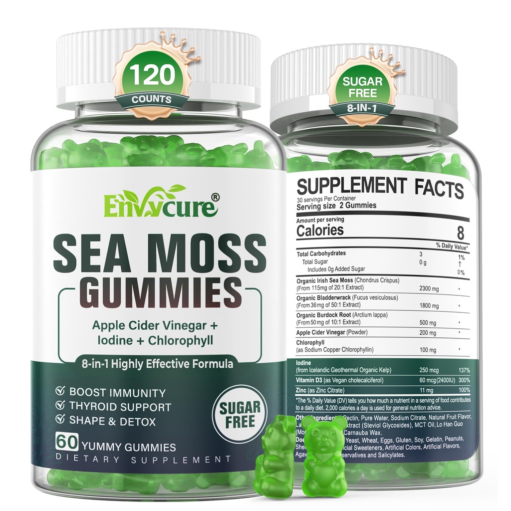 Sea Moss Gummies Senza zucchero, Extra Forza Irish Moss Gel Supplemento con Iodio, Clorofilla, Non filtrato ACV, D3, Burdock Root, Bladderwrack per Immune, Digestivo, Pelle, Capelli, Detaccoglienza️x, Vegan, 2Pack
