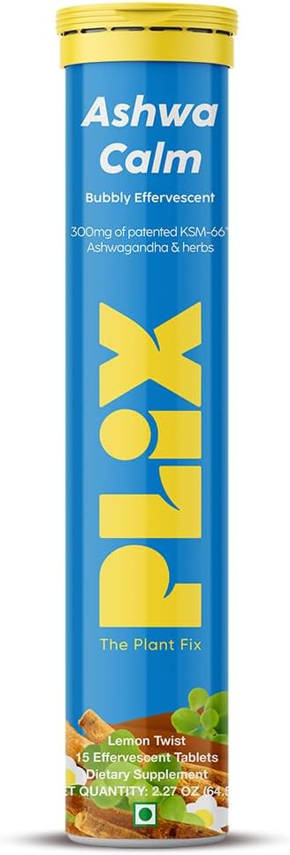 PLIX - THE PLANT FIX KSM-66 Ashwagandha 300mg Effervescent Supplements for Stress, Mood & Energy Support with Vitamin D3 & Brahmi - 15 Vegan, Non-GMO, Glutenfreie Tabletten, 1 Packung