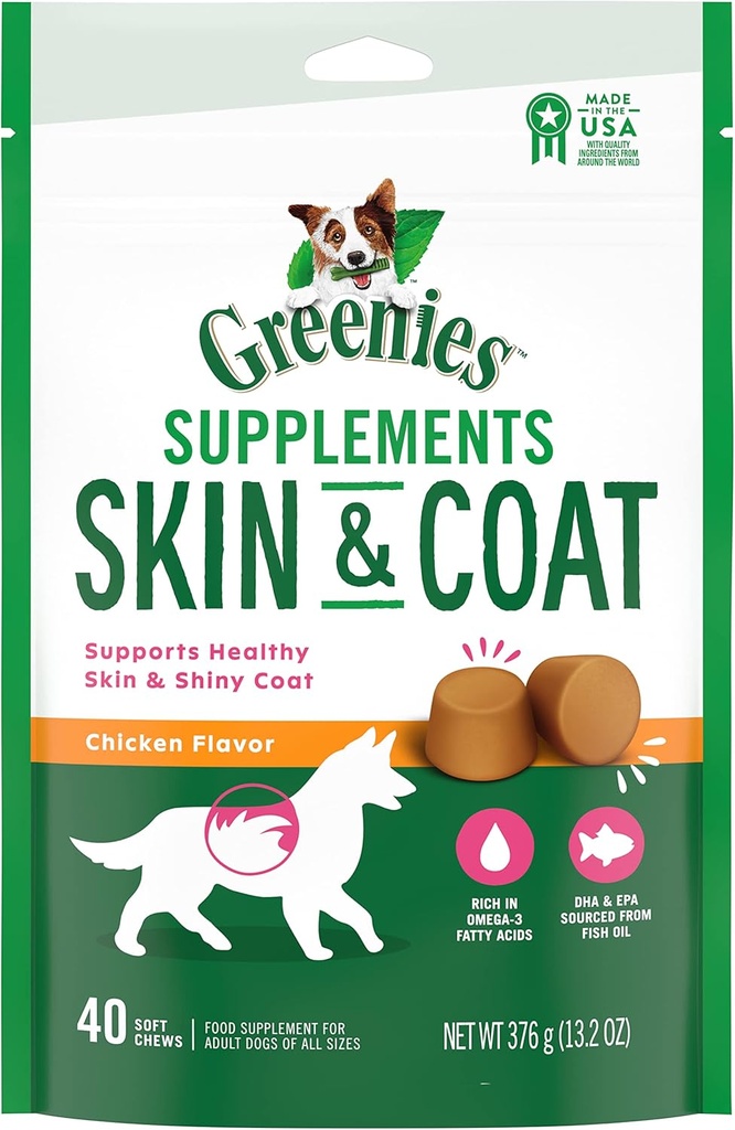 GREENIES Haut & Coat Nahrungsergänzungsmittel mit Fischöl & Omega 3 Fettsäuren, 40-Count Chicken-Flavor Weiche Chews für Erwachsene Hunde aller Größen