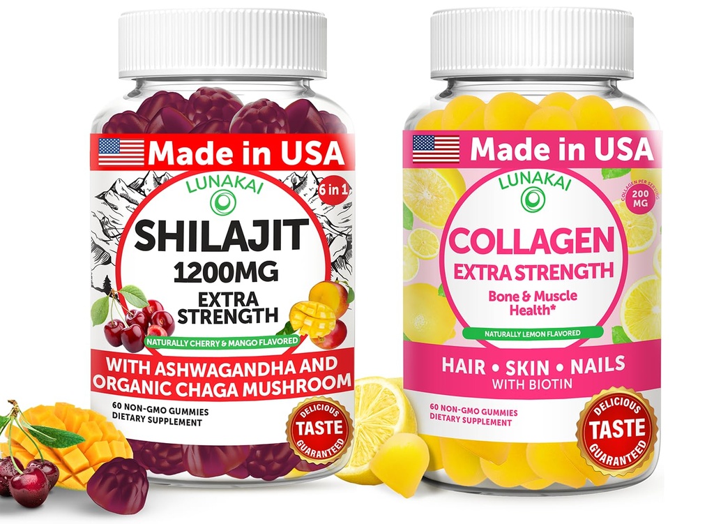 Lunakai USA machte Shilajit & Collagen Extra Strength Gummis Bundle – Energie, Haar, Haut und Nagel Unterstützung – Delicious & Non-GMO