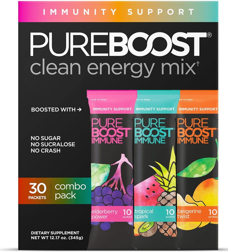 Pureboost Immune Clean Energy Booster, Refreshing Energy Drink Mix and Immunity Supplement mit Elderberry, 1.200 mg Vitamin C, Vitamin A + D und Zink. Zuckerfrei (Combo Pack, 30 Count)