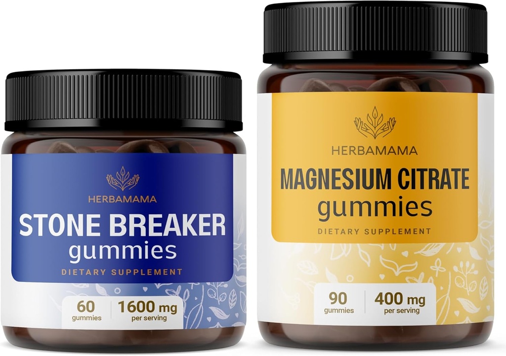 HERBAMAMA Stone Breaker and Magnesium Kit - Bundle di 1600 mg Chanca Piedra & 400 mg Magnesium Citrate Gummies - Vegan, Non OGM, Gelatin-Free - 2 Pack