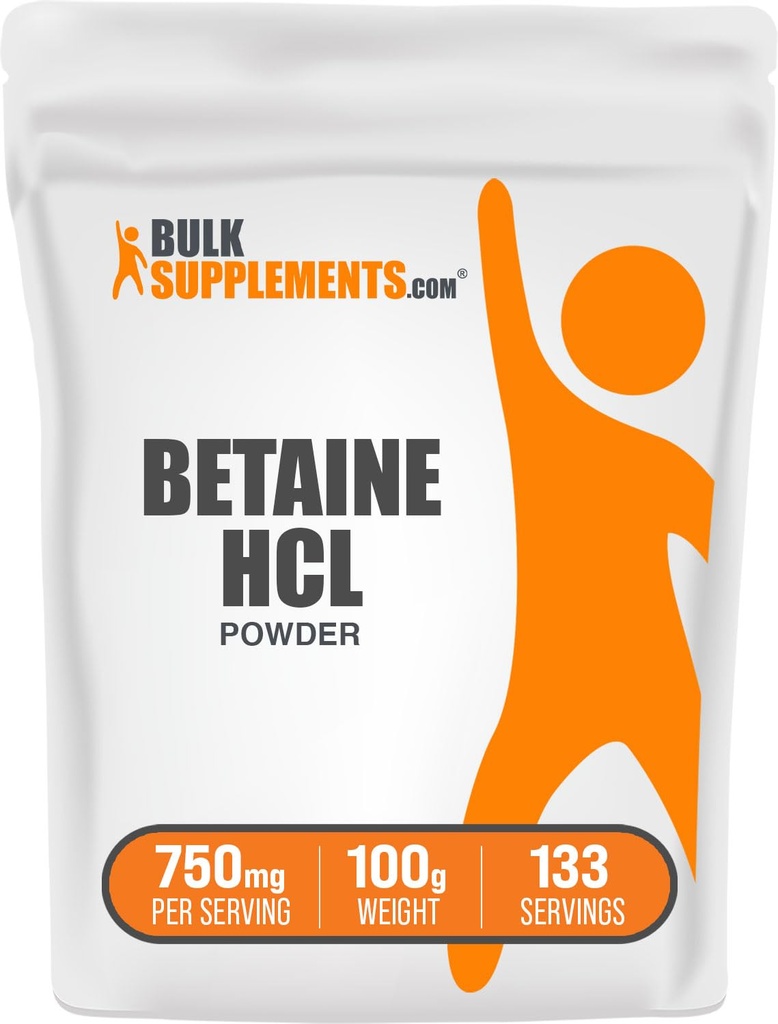 BulkSupplements.com Poudre de HCl bétaïne - Supplément de chlorhydrate de bétaïne, Soutien digestif - Sans gluten, 750mg par portion, 100g (3,5 oz) (paquet de 1)