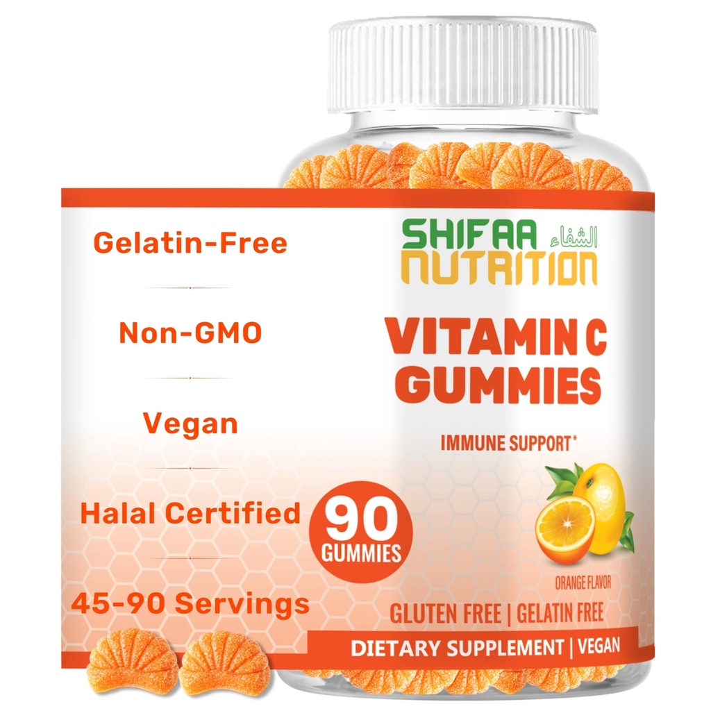 SHIFAA NUTRITION Vitamine végétale C Gommies de 90 gommies, 250mg 45 portions , sans OGM , sans gluten , sans gélatine , soutien immunitaire Gommies et soutien saisonnier pour enfants et adultes Vitamines halales