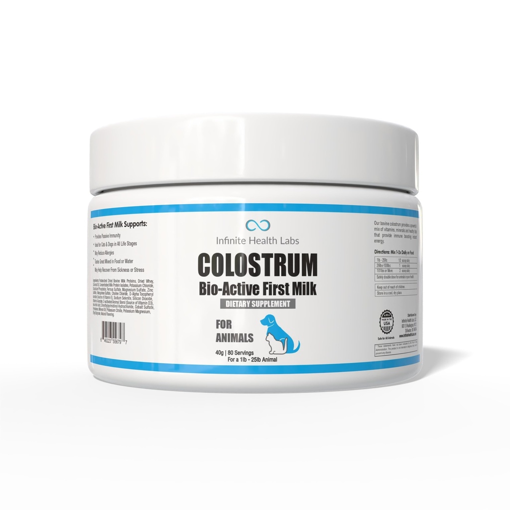 Colostrum bioactif pour chiens, chats, chiots, chatons et animaux de compagnie - Supplément quotidien en poudre de colostrum 40g (80 portions)