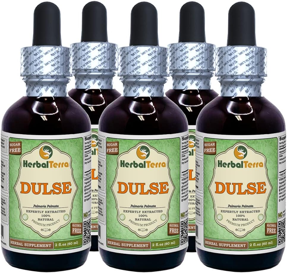 Dulse (Palmaria Palmata) Glycérite, feuilles séchées organiques Extrait liquide sans alcool (marque : HerbalTerra, fièrement fabriqué aux États-Unis) 5x2 fl.oz (5x60 ml)