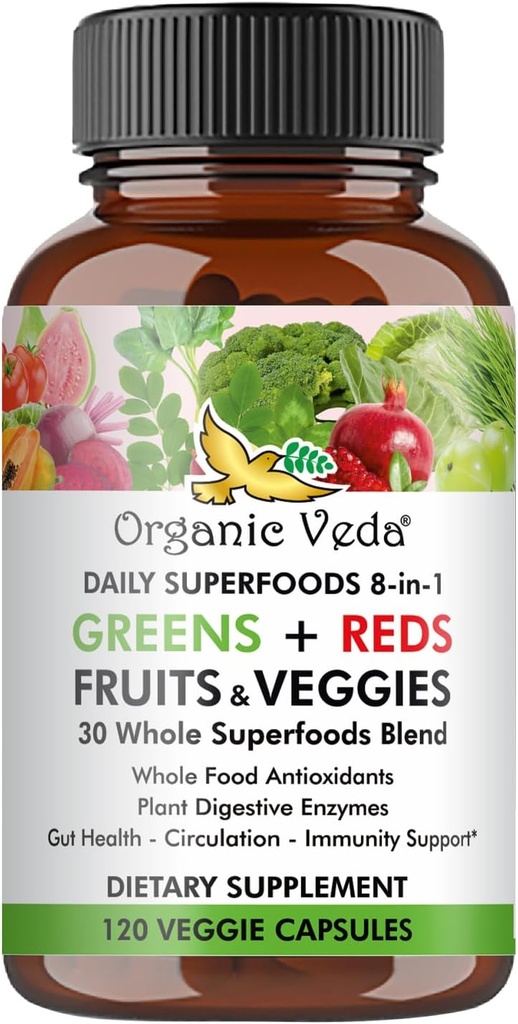 Organic Veda Super Greens Reds Veggies Capsules - 8 in 1 Quotidiano 30 Tutto Organic Superfoods Frutta e Verdura Supplemento - Papaya Enzymes, Spirulina, Chlorella, Moringa, Beet, Turmeric - 120 Vegan