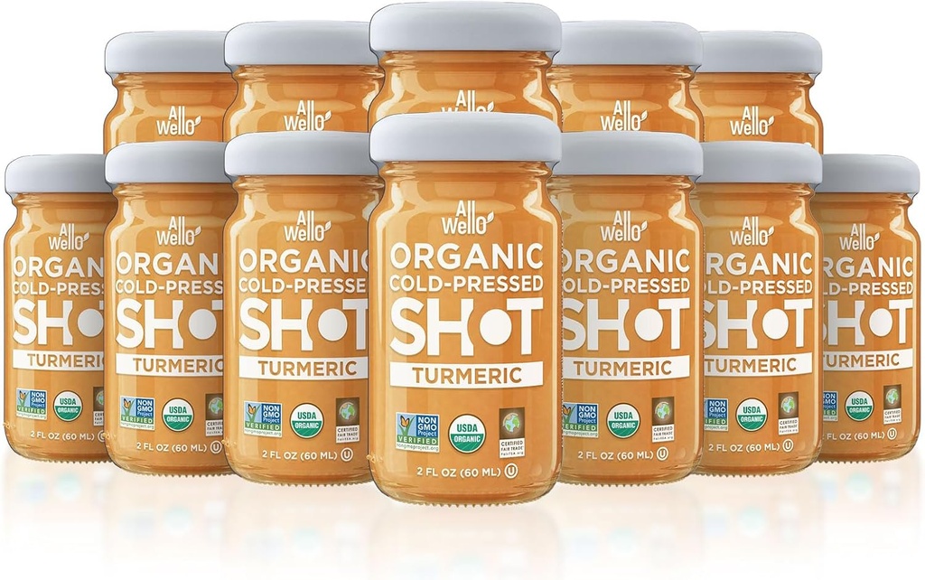 AllWELLO Cold-Pressed Turmeric Shot, 60 ml, USDA Bio Immune Booster avec Natu-RAL (12 PK, Turmeric)