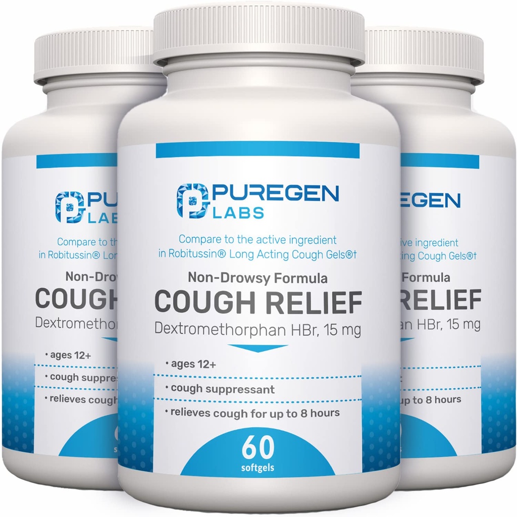 P Puregen Labs Cough Relief for Adults Dextromethorphan HBr 15mg, 8 heures, non somnolent, longtemps Bronchial Suppressant.