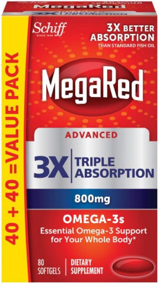 MegaRed Advanced 6X Absorption 800mg Omega-3s Fischöl mit EPA/DHA, kein Fishy Nachgeschmack unterstützt Herz, Gehirn, Gelenk und Augengesundheit, 80 Count Softgels (2 Pack)
