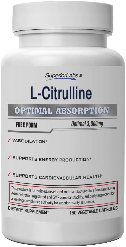 Superior Labs L-Citrulline 3000 mg, Non-GMO, High-Potency Free-Form Aminosäure, Nitric Oxide & Vasodilation Booster, Pre-Workout Muscle Pump, Endurance, Cardiovascular Support, 150 Veg Caps