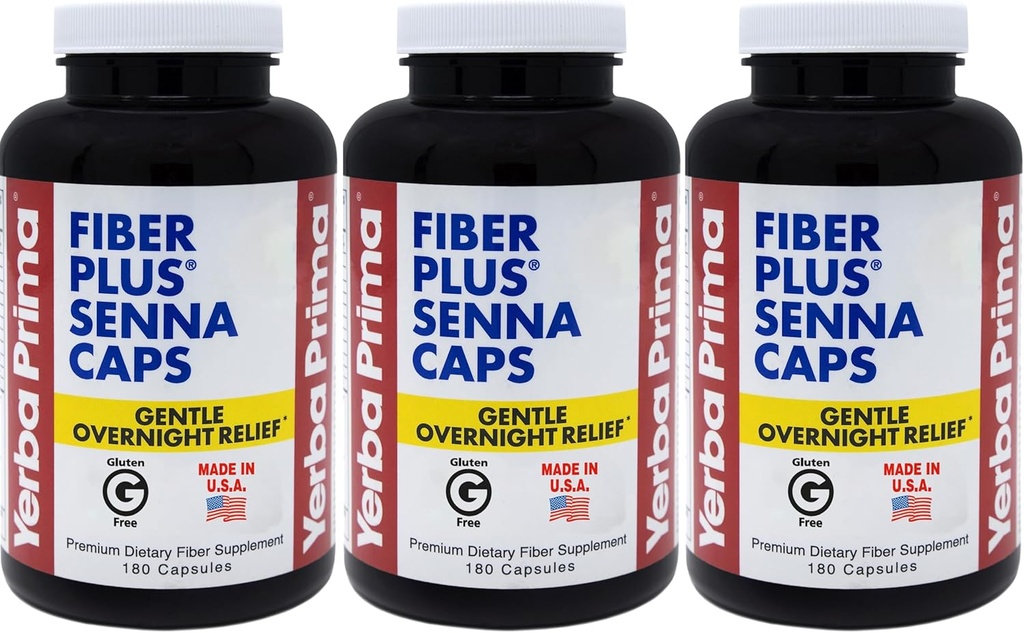 Capsules de Senna Prima Fiber Plus Yerba, 180 comtes (paquet de 3) - 118 portions de senné doux, fabriqués aux États-Unis, non OGM, pour une utilisation à court terme pour rétablir la régularité