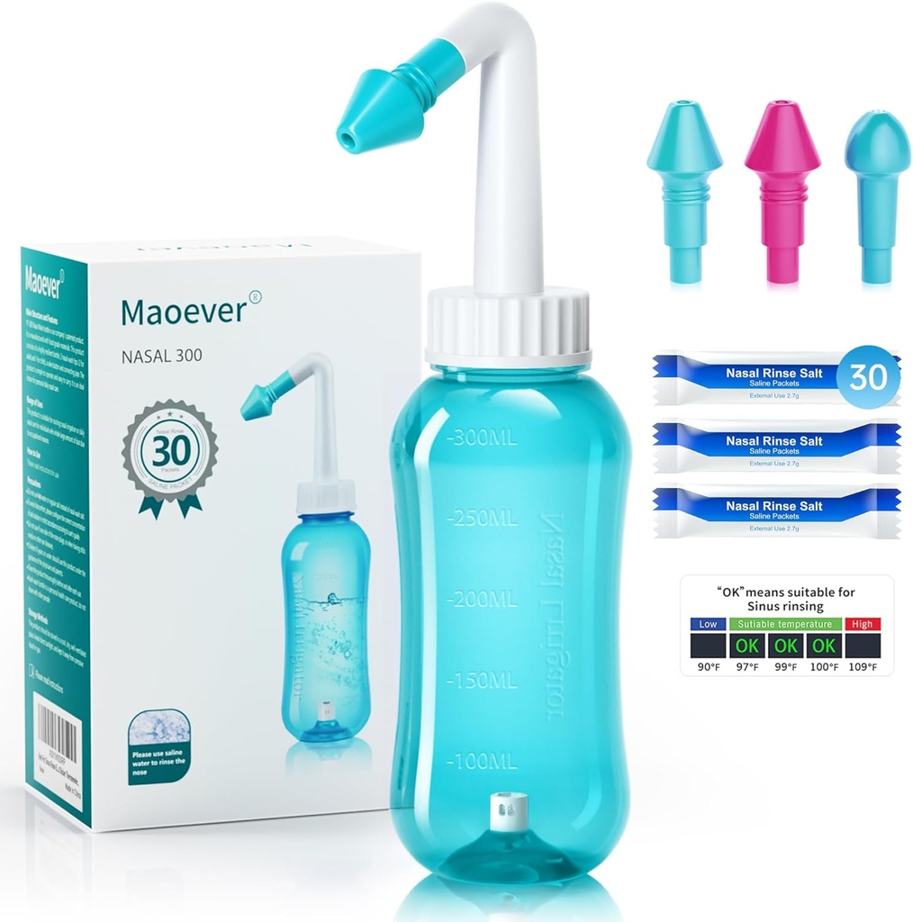 Néti Pot Sinus Rinse Bouteille Nez Nettoyeur Pression Rinse Irrigation Nasale pour Adulte & Enfant BPA Sans 300 ML avec 30 paquets de sel de lavage Nasal et thermomètre Sticker