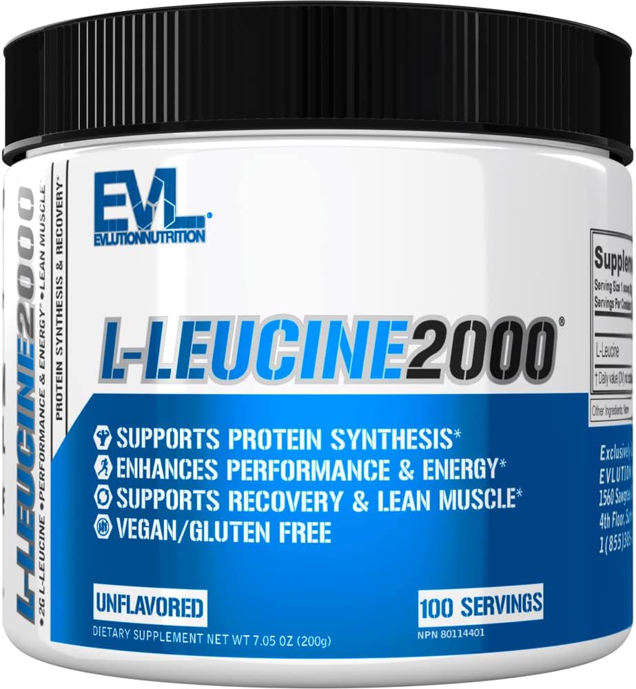 Evlution Nutrition L-Leucine 2000 - Synthèse des protéines, récupération et soutien musculaire - Performance et énergie - 2000mg L-Leucine - Sans gluten et végétalien - Poudre de supplément alimentaire non aromatisée - 100 portions