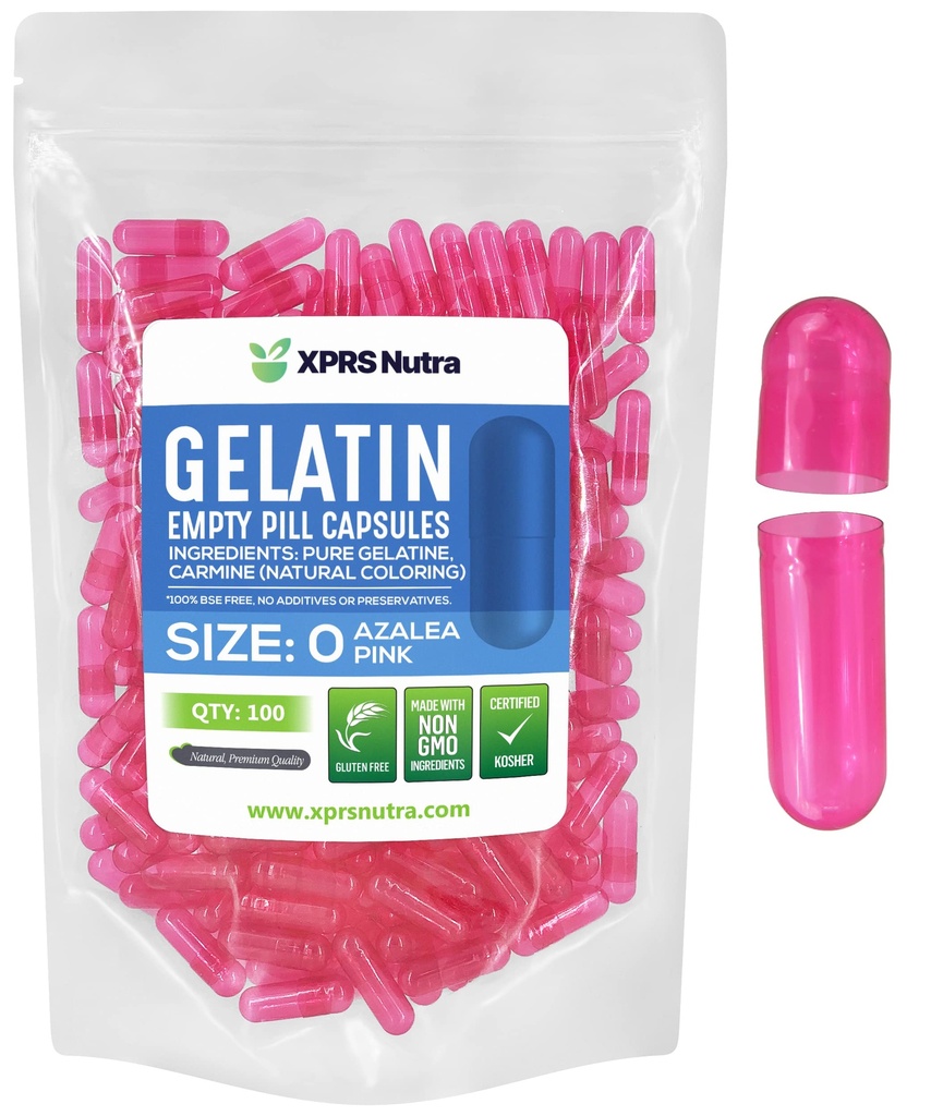 XPRS Nutra Size 0 Capsule Vuote - 100 Count Empty Gelatin Capsule - Pillole per Riempimento Capsule fai da te - Pure Bovine Pill Gel Caps per Do-It-Yourself Supplements (Azalea Pink)