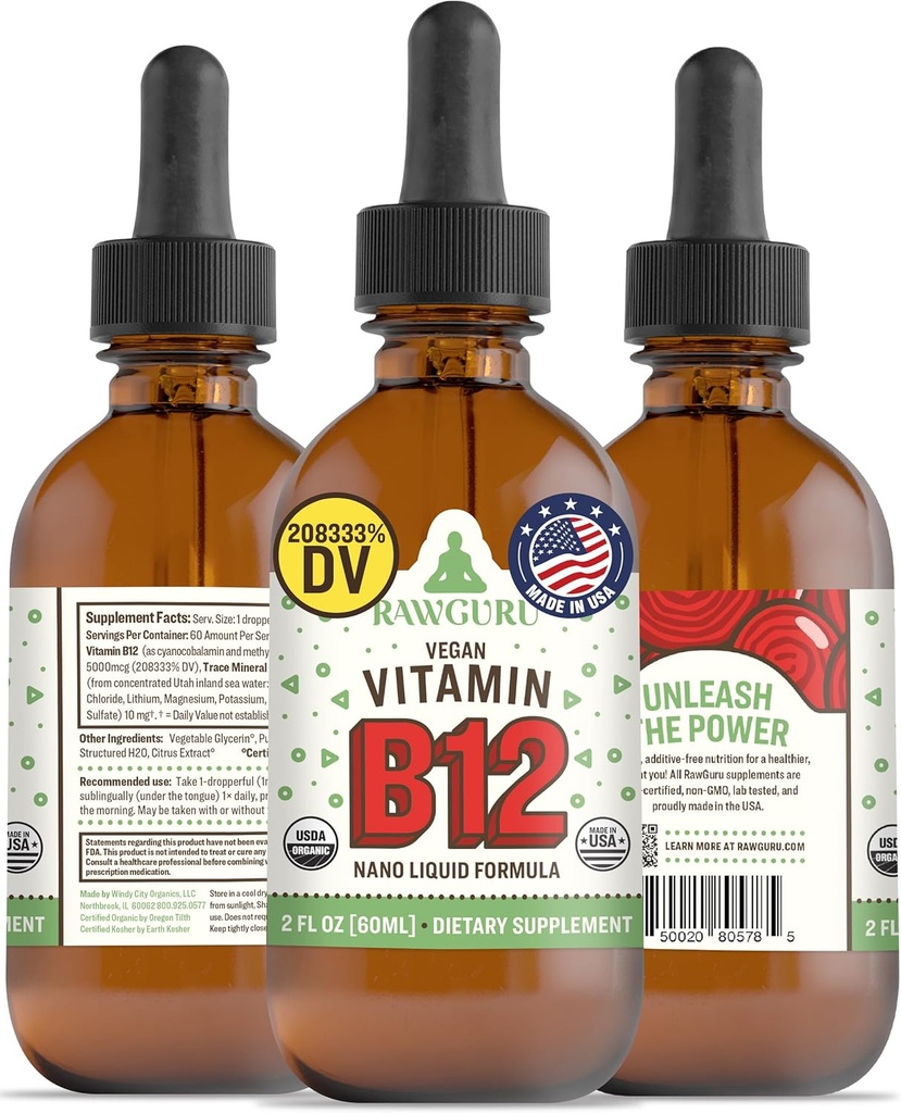 RawGuru Vitamin B12 Liquid Supplement - Organische Veganflüssigkeit B12 mit Trace Minerals - Nano-Processed Antioxidant & Immun Support Supplement Tinktur - 60 Portionen von Vegan Tropfen pro 60 ml, Packung 1