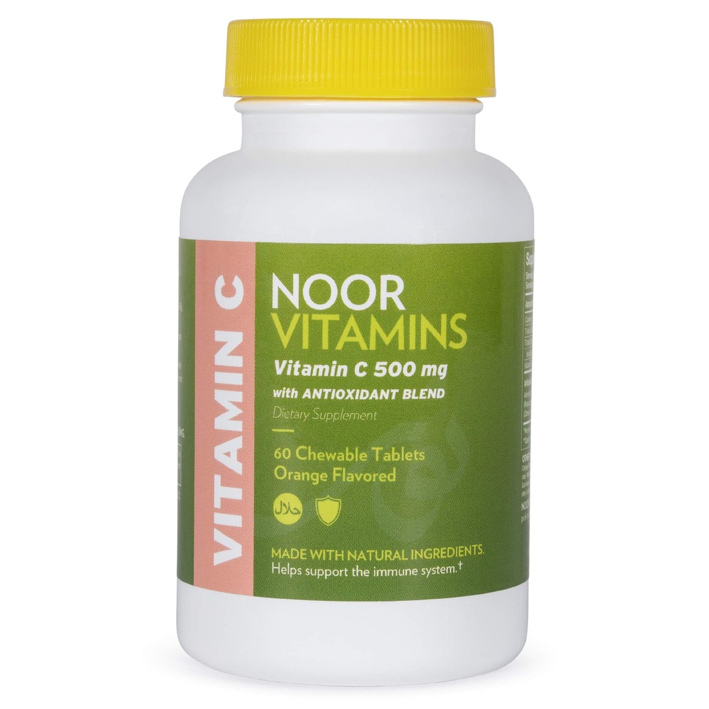 Noor Vitamins 500 MG Halal Vitamin C Chewable Tablets + Rose HIPS e Antiossidanti Sostegno Immune System I Vegan, Gluten Free & Halal Vitamin 60 Orange Flavored Chewable Tablets I 2 mesi di alimentazione