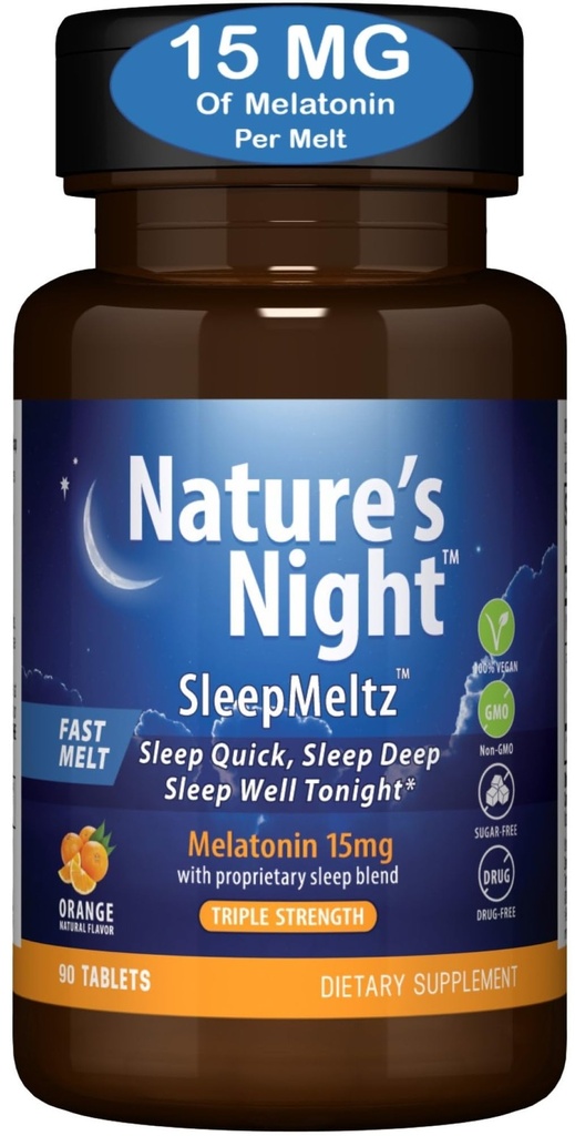 Melatonina rapida dissolvere la melatonina di Triple Strength della natura 15mg con la miscela di sostegno | Natural Orange Flavor | 90 Count | Sugar Free, Vegan, Non OGM, Drug Free
